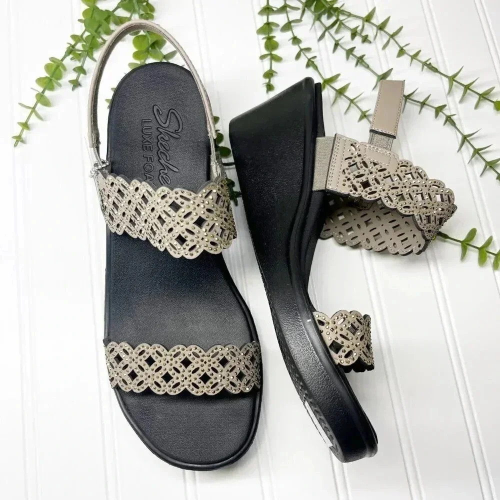Skechers Black & Gold Sparkle Vegan Strappy Lightweight Wedges Women's Size 10